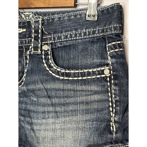Maurices Premium Denim Shorts Womens 7/8 Bling Flap Pockets Dark Wash Stitching - Picture 5 of 10